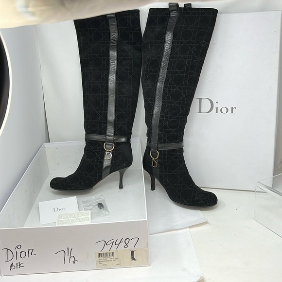 Christian Dior Cannage Sz 37.5 Tall Suede Black Pull on Boots - Picture 1 of 11